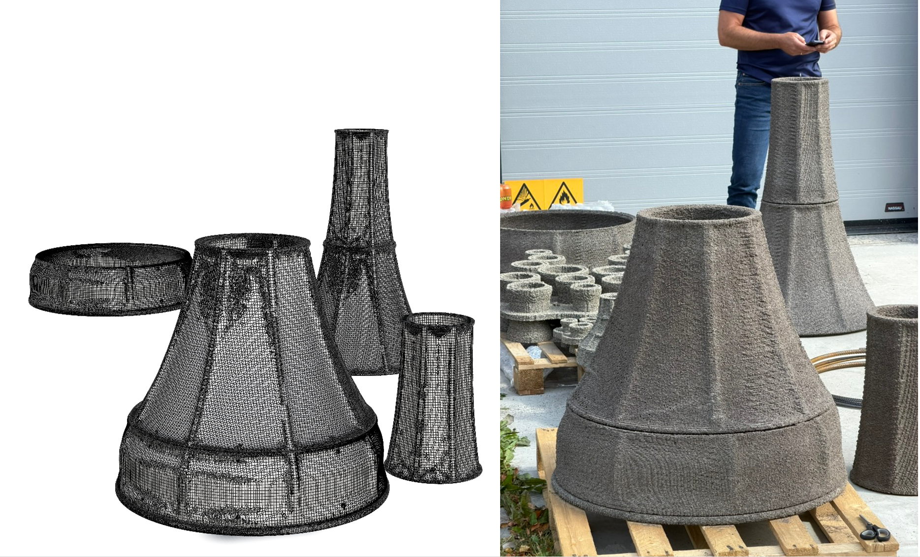 Digital foundation mold models beside the matching 3D-printed prototypes.